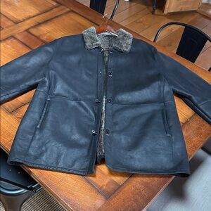 Salvatore Ferragamo Black Leather Jacket with Gray Fur Collar